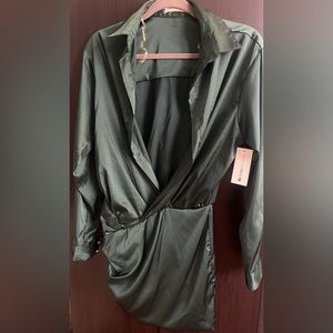 Forest Green Silk Collared Mini Dress Plunging Neckline